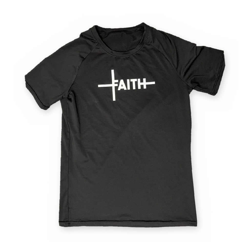 Faith Cross Compression Tee in black, worn