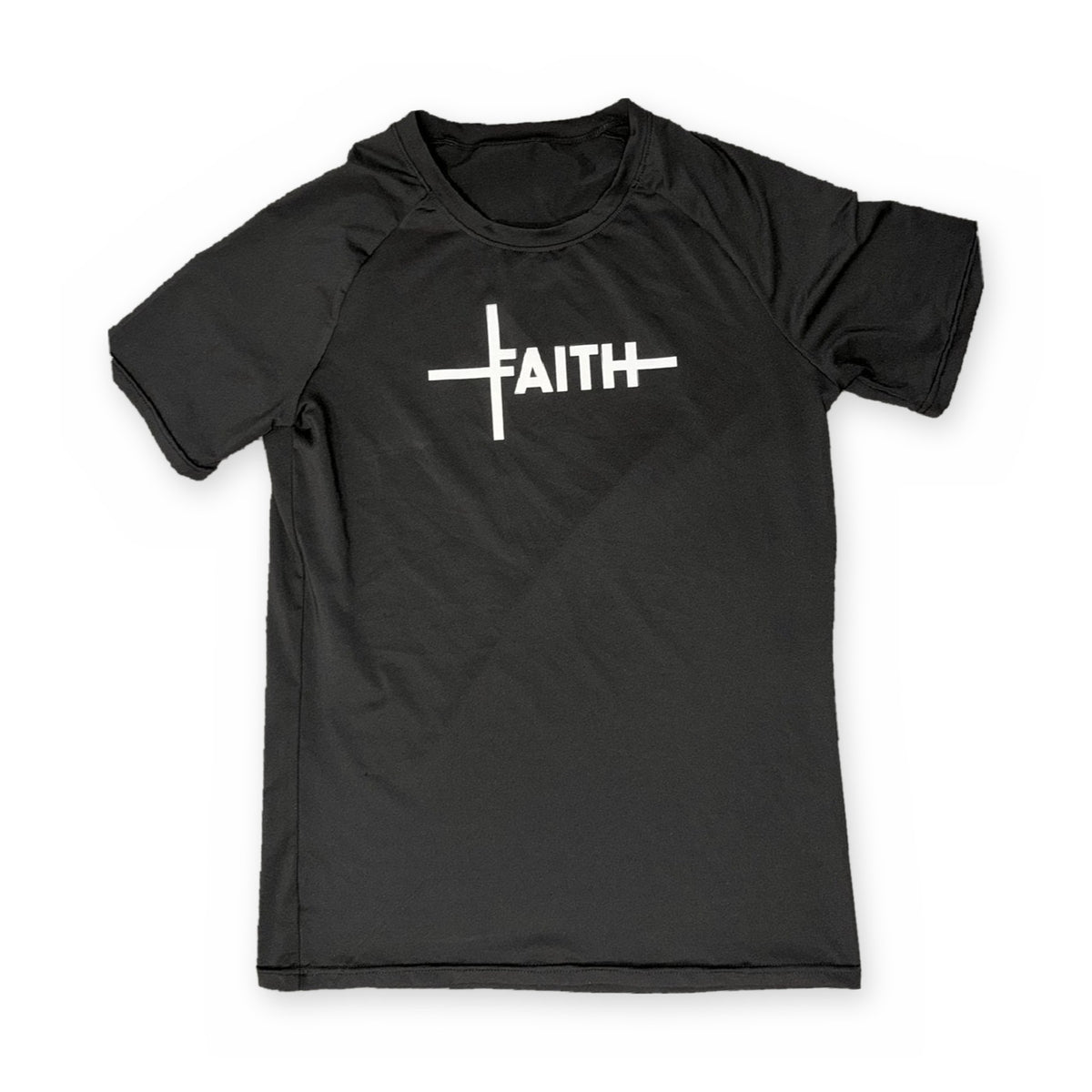 Faith Cross Compression Tee in black, worn